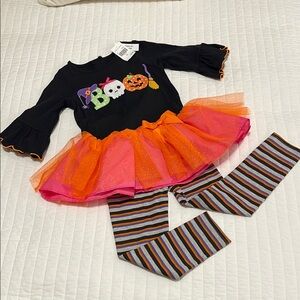 Kids 2 pc Halloween Black Orange Costume with Shirt Tutu Striped Leggings